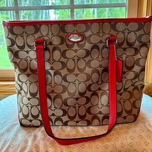 Coach Signature Brown and Red Tote Bag